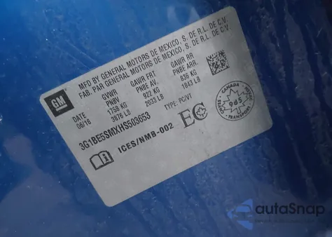 2017 Chevrolet Cruze Lt Auto z USA, uszkodzony, nr VIN 3G1BE5SMXHS503653